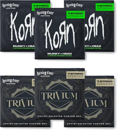 Shows multiple product variations available for purchase, including Korn signature series and Trivium signature series 7-string guitar string sets, helping shoppers understand the different…