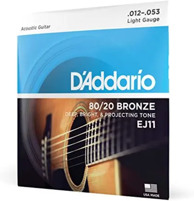 Shows the branded retail packaging to communicate product authenticity, specifications, and professional presentation of D'Addario guitar strings.