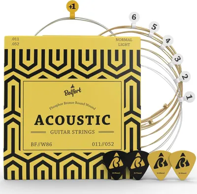 Shows buyers exactly what they will receive: acoustic guitar strings in packaging, individual strings labeled 1-6, and four guitar picks in different colors and thicknesses.