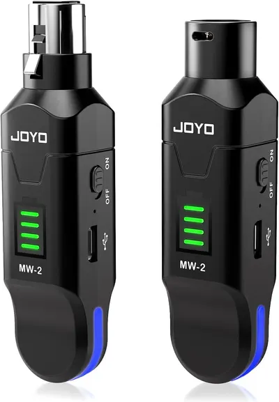 Displays the core product clearly on a white background to help shoppers identify the wireless microphone system and its key features including battery level indicators and charging ports.
