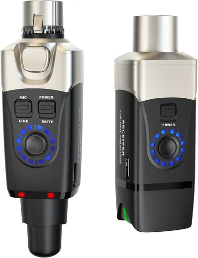 Shows the wireless microphone system from two angles to clearly display the product design, control buttons, and key features like MIC, POWER, LINE, and MUTE controls.