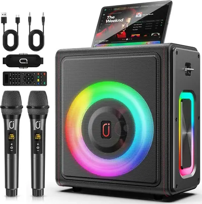 Shows buyers exactly what they will receive in the box, including the speaker, two wireless microphones, remote control, cables, and tablet holder.