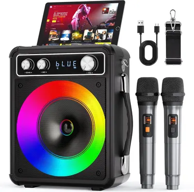 Shows buyers exactly what they will receive in the box including the karaoke speaker system, two wireless microphones, charging cable, wall adapter, and carrying strap.
