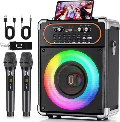 Shows buyers exactly what they will receive in the box, including the main speaker unit, two wireless microphones, connecting cables, and remote control to demonstrate the complete karaoke system…