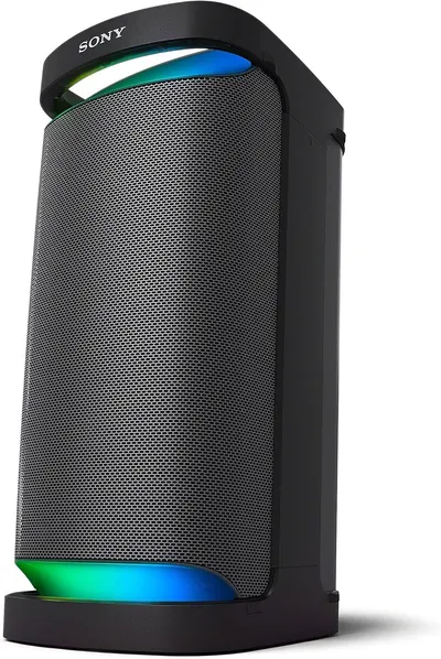 Displays the Sony portable speaker clearly on a white background to show its cylindrical design, mesh grille, LED lighting feature, and handle for easy identification and compliance with platform…