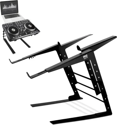 Shows the core product clearly on a white background to help shoppers identify the DJ laptop and controller stand with its adjustable dual-tier configuration.