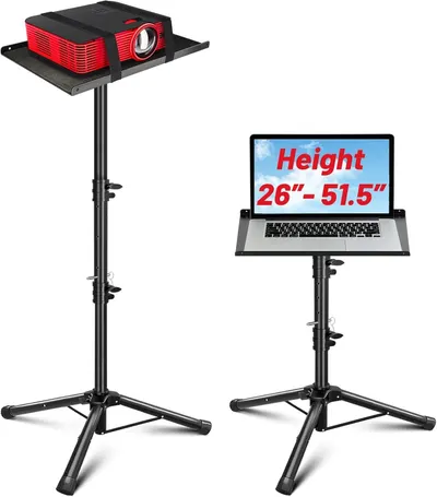 Shows the core product clearly with two usage configurations to demonstrate its adjustable height feature and versatility for holding both projectors and laptops.