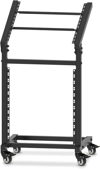 Shows the core product clearly on a white background to help shoppers identify the rack stand with adjustable mounting holes and mobility features.