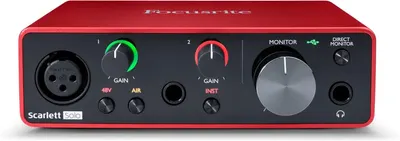 Shows the Focusrite Scarlett Solo audio interface clearly against a white background to help shoppers identify the product and its professional control layout.