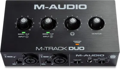 Shows the M-Audio M-Track Duo audio interface clearly on a white background to help shoppers identify the product and its key features including dual inputs, gain controls, and monitoring options.