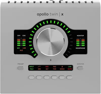 Displays the Apollo Twin X audio interface clearly on a white background to help shoppers identify the core product and its professional design features.