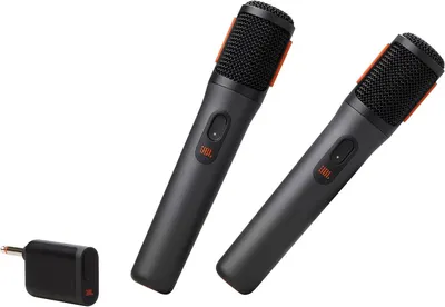 Shows buyers exactly what they will receive: two wireless microphones and a receiver unit, demonstrating the complete package contents.