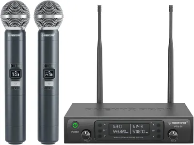 Shows buyers exactly what they will receive: two wireless microphones and a receiver base unit with dual antennas, demonstrating the complete system included in the purchase.