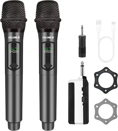 Shows buyers exactly what they will receive in the box, including two wireless microphones, receiver, cables, adapters, and decorative accessories.