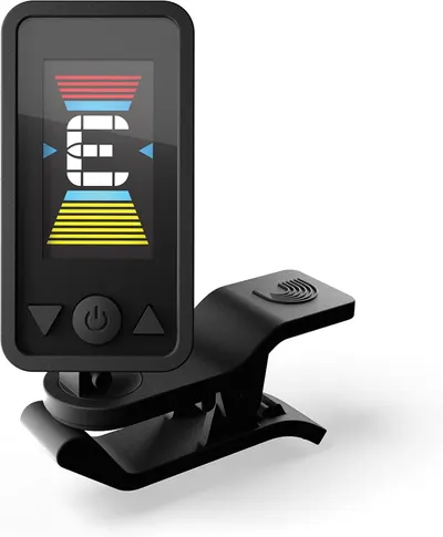 Shows the core product clearly against a white background to help shoppers quickly identify the clip-on guitar tuner with its display and clamp mechanism.
