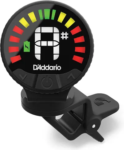 Shows the core product clearly against a white background to help shoppers quickly identify the clip-on tuner with its display and mounting mechanism.