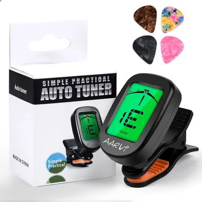 Shows the buyer exactly what is included in the purchase: the auto tuner device, retail packaging, and bonus guitar picks in multiple colors. Displays the product alongside its branded retail box to…