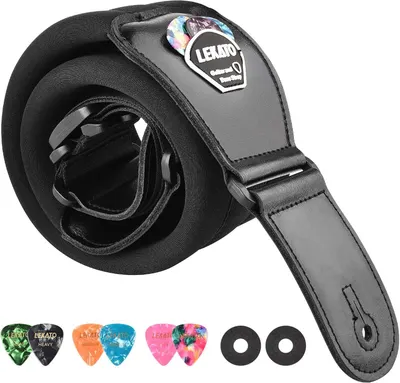 Shows the buyer exactly what is included in the purchase: the guitar strap, multiple guitar picks in various colors and thicknesses, and strap lock washers.