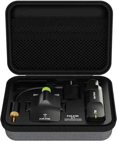 Shows all included parts of the NUX wireless system for saxophone in an organized case, helping buyers understand exactly what they will receive with their purchase.