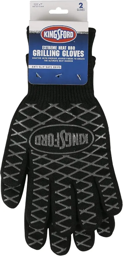 Shows the product in its retail packaging to communicate brand identity and key features like extreme heat protection and safe grip technology for BBQ grilling.
