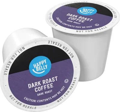 Displays the core product clearly on a white background to help shoppers quickly identify the Happy Belly Dark Roast Coffee K-Cups being sold.