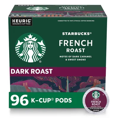 Shows the product in its branded retail box alongside a single K-Cup pod to communicate brand identity, product quantity, and what the shopper will receive.