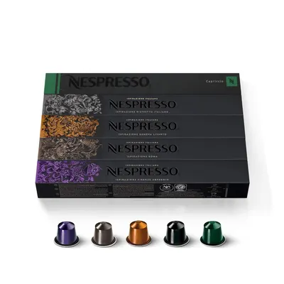 Showcases the elegant retail packaging and variety of Nespresso coffee capsule flavors to communicate brand quality and product selection. Displays the different flavor variations available in the…