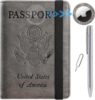 Shows buyers exactly what they will receive in the purchase: a passport holder with slots for an AirTag tracker, a pen, and a SIM removal tool for comprehensive travel convenience.