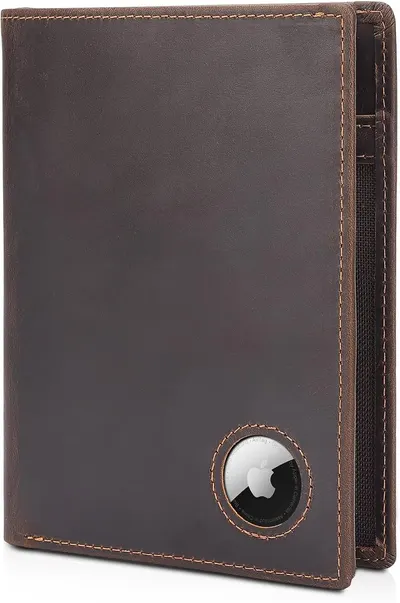 Shows the core product clearly on a white background to help shoppers identify the leather wallet with integrated AirTag holder for tracking purposes.