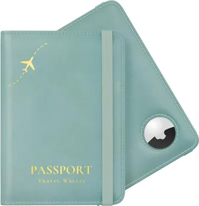 Shows the core product clearly on a white background to help shoppers identify the passport wallet and its integrated AirTag holder feature.