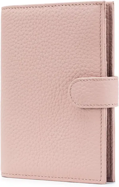 Displays the wallet clearly against a white background to show the product design, textured leather material, and functional snap closure, helping shoppers identify the core product being sold.