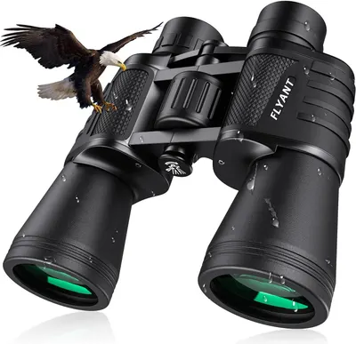 Displays the core product clearly to show shoppers the binoculars design, build quality, and branding, helping them understand what they are purchasing. Uses an eagle in flight and water droplets as…