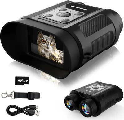 Shows the core night vision binocular device with its display screen actively showing an owl image to demonstrate the product's night vision capability and image quality. Displays all included…