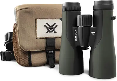 Shows the core product, a pair of Vortex binoculars, along with the included carrying case to communicate what the buyer receives. Demonstrates that the purchase includes a protective carrying case…