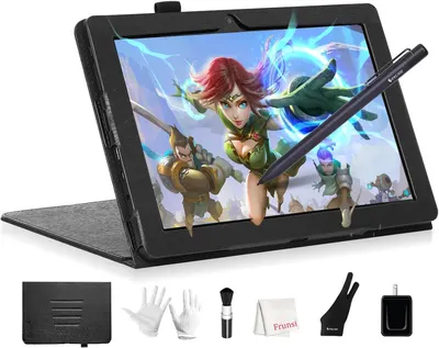 Shows the core product—a drawing tablet with stylus and protective case/stand—displaying vibrant artwork to communicate its creative capabilities and included accessories. Displays all included…