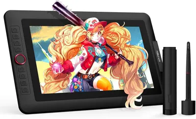 Shows the core drawing tablet product with its included stylus and adapter, displaying vibrant artwork on screen to demonstrate its capability for digital art creation. Highlights the included…
