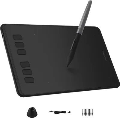 Shows the core product, a graphics drawing tablet with stylus, to communicate its design, functionality, and professional appearance to digital artists and designers. Displays all included…