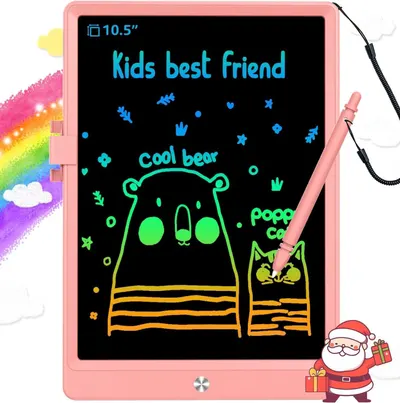Shows the core product—a kids' LCD writing tablet—with a colorful drawing displayed on the screen to demonstrate its rainbow color capability and appeal to children. Uses added visual embellishments…