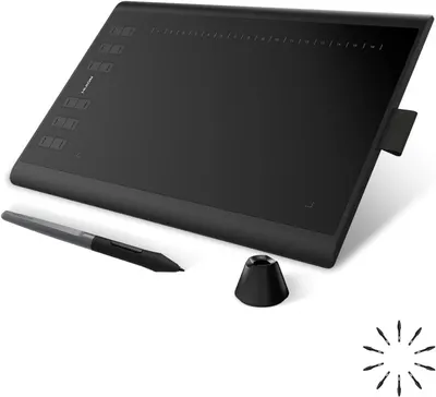Shows the core product - a professional drawing tablet with included stylus, pen holder, and replacement nibs - to communicate what the buyer will receive. Demonstrates that the purchase includes…
