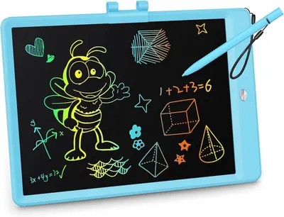 Shows the core product, an LCD drawing tablet with colorful display capabilities, demonstrating its function as a creative tool for children with sample drawings visible on the screen. Demonstrates…