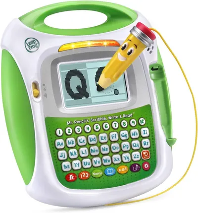 Displays the core LeapFrog learning tablet product clearly on a white background, showing its key features including the screen, keyboard, and attached stylus to help parents understand what they…