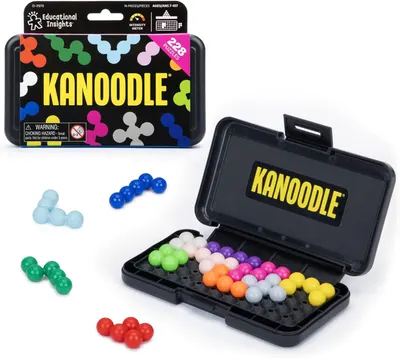 Shows the complete Kanoodle puzzle game set including the storage case, colorful puzzle pieces in multiple colors, and retail packaging to communicate what the buyer receives. Displays the branded…