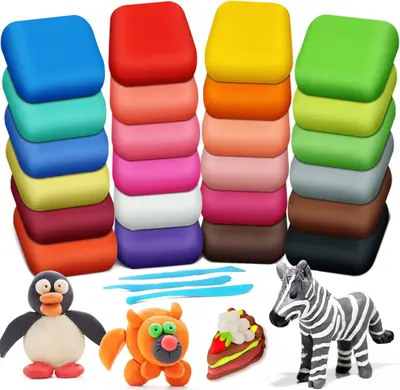 Shows the core product - a modeling clay set with multiple vibrant colors stacked in organized columns, demonstrating the variety and quantity included in the set. Displays the wide range of color…