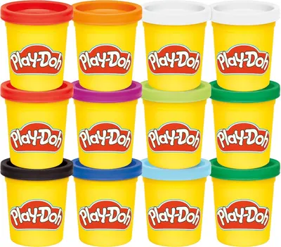 Shows the core product as a 12-pack set of Play-Doh containers with different colored lids, clearly displaying what the buyer will receive in one purchase. Displays the iconic Play-Doh branded…