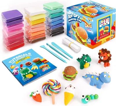 Shows the complete air-dry modeling clay kit with all included components—24 color blocks, sculpting tools, tutorial book, and example creations—to communicate the full value and creative…