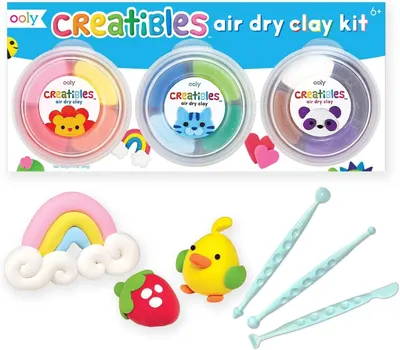 Shows the complete air dry clay kit with three color containers and included sculpting tools, communicating the creative possibilities and what is included in the purchase. Displays the included…