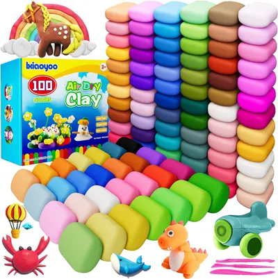Displays the complete air dry clay set with all 100 colors arranged in an eye-catching rainbow pattern to showcase the extensive color variety and creative possibilities for children. Shows the…