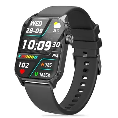 Showcases the smartwatch product with its active display showing key features like time, date, temperature, heart rate, and step count to communicate its functionality and value to shoppers.…