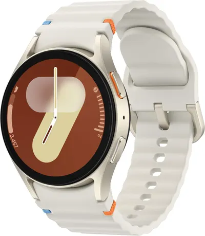 Displays the core sellable product, a smartwatch with a white silicone band and orange accent details, clearly showing its design and appearance to help shoppers understand what they are purchasing.