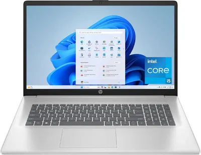 Shows the complete HP laptop with screen and keyboard visible, displaying the Windows 11 interface and highlighting the Intel Core i5 processor to communicate the product's computing power and…